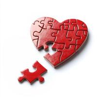 Heart-shaped red puzzle pieces on a white background highlighting love and togetherness photo
