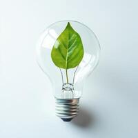 Light bulb with green leaf inside symbolizes sustainability and eco-friendly energy solutions for a brighter future photo