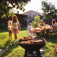 Family barbecue in a sunny backyard gathering with delicious food and laughter photo