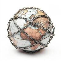 Global struggle represented by globe encased in metal chains symbolizing restriction and confinement photo