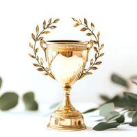 Elegant golden trophy with laurel leaves on a white background surrounded by greenery photo