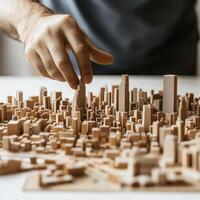 Creating a detailed architectural model of a city skyline with wooden blocks in a workspace setting photo