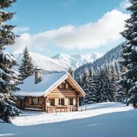 Snow-covered log cabin nestled in a serene winter landscape with mountains and trees during bright daylight photo