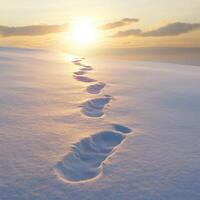 Footprints trail across a winter landscape leading to a sunrise on a snowy horizon photo
