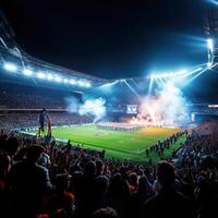 Exciting sports event with fireworks and cheering crowd at night in a large stadium photo