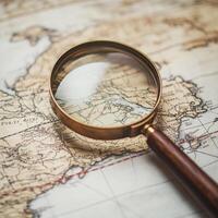 Magnifying glass resting on an old map highlighting details of a coastal region in historical geography photo