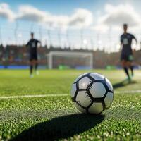 Soccer ball positioned on grass with players in the background during an afternoon match at a stadium photo