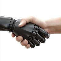 Handshake between human and robotic hand symbolizes collaboration and technological advancement in modern society photo