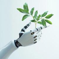 Robotic hand gently holds a green leaf representing the blend of nature and technology in a modern setting photo