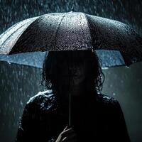 Dark silhouette under rain with umbrella in a moody, atmospheric setting during a stormy night photo