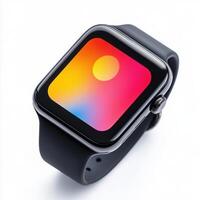 Stylish smartwatch with vibrant display showcasing a colorful abstract background at an indoor setting photo