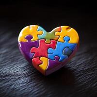 Colorful heart-shaped puzzle piece arrangement on a dark surface highlights themes of love and connection in creative expression photo