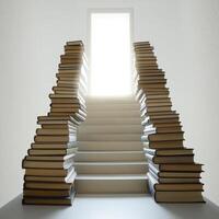 Books create a staircase leading to a bright, illuminated doorway in a minimalistic space photo