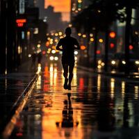 Evening jogger running along a city street after rain with reflections at sunset photo