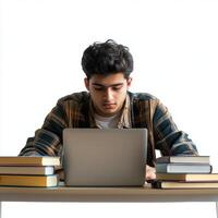 Young male student studying intently at a desk with books and a laptop in a bright indoor setting photo