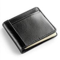 Black leather wallet with card slots and cash compartment displayed on plain white background for product showcase photo
