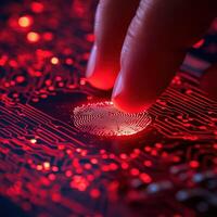 Close-up of a finger touching a glowing fingerprint sensor on a circuit board in a technology setting photo