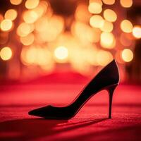 Elegant black high heel shoe on a red carpet with blurred warm lights in the background during a glamorous event night photo