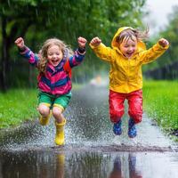 Joyful children in colorful rain gear playfully jump in puddles on a rainy day in a green park photo