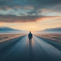 Solitary figure walking down a quiet road at sunset with mountains in the distance photo