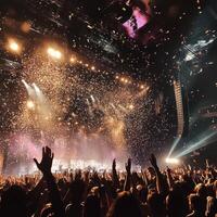 Festive concert atmosphere with cheering crowd and colorful confetti falling from the stage in the evening photo