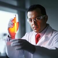 Scientist examines glowing liquid in test tube during laboratory research in a modern facility photo