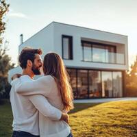 Romantic couple enjoying a sunset embrace in front of a modern house photo