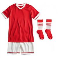 Youth soccer uniform in red and white with matching socks laid out on a white background photo