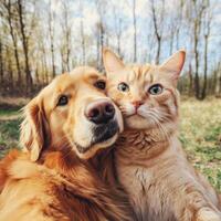 Golden retriever and orange cat pose together in a sunny meadow surrounded by trees in early spring photo