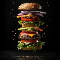 Giant stacked burger with fresh ingredients suspended in mid-air against a dark background photo