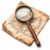Antique map and magnifying glass on aged parchment depicting historical geography and exploration photo