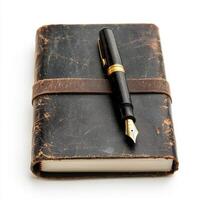 Elegant leather-bound notebook with a fountain pen resting on it, perfect for personal reflections or creative writing photo