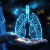 Medical professional holds glowing digital lungs symbolizing respiratory health in a dark environment photo