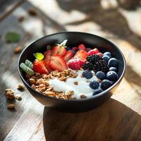 Fresh fruit and granola bowl filled with colorful berries and yogurt on a wooden table photo