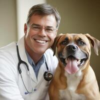 Smiling veterinarian poses with happy dog in clinic setting during a routine check-up photo