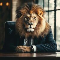 Business meeting featuring a suited lion with a strong presence in a modern office setting photo