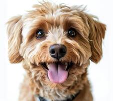 Cute dog with fluffy fur smiles happily against a light background, showcasing its playful personality and bright eyes photo
