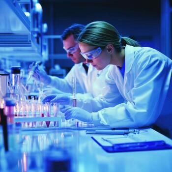 Scientists conduct research in a modern laboratory using test tubes and advanced equipment during an evening session photo