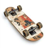 Vintage skateboard with worn deck and rusty trucks, perfect for collectors and enthusiasts photo