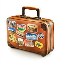 Vintage suitcase adorned with travel stickers from various global destinations and landmarks photo