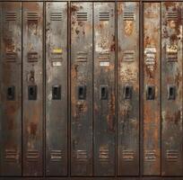 Weathered metal lockers in an abandoned school hallway showcasing rust and age photo