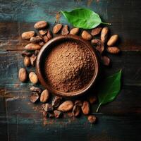 Rich cocoa powder and cacao beans arranged on a rustic wooden surface with green leaves photo