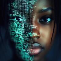 Merging technology with identity as a young girl explores digital transformation through binary code photo