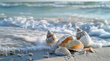 Seashells on sandy beach with gentle waves and foam create serene atmosphere photo