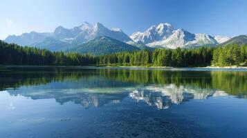 A serene lake reflects majestic mountains and lush forests under clear blue sky photo