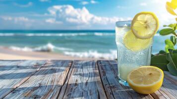 Refreshing lemonade with lemon slices on wooden table by beach photo