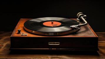 Vintage record player spinning vinyl record, creating nostalgic atmosphere photo