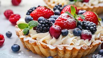 Delicious berry tart with strawberries, blueberries, and blackberries photo