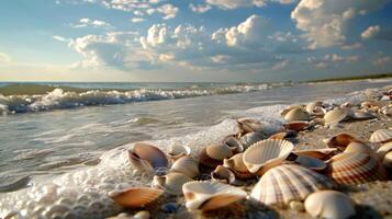 Seashells on sandy beach with gentle waves and beautiful sky photo