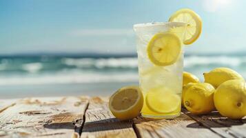 Refreshing lemonade with lemon slices on sunny beach photo